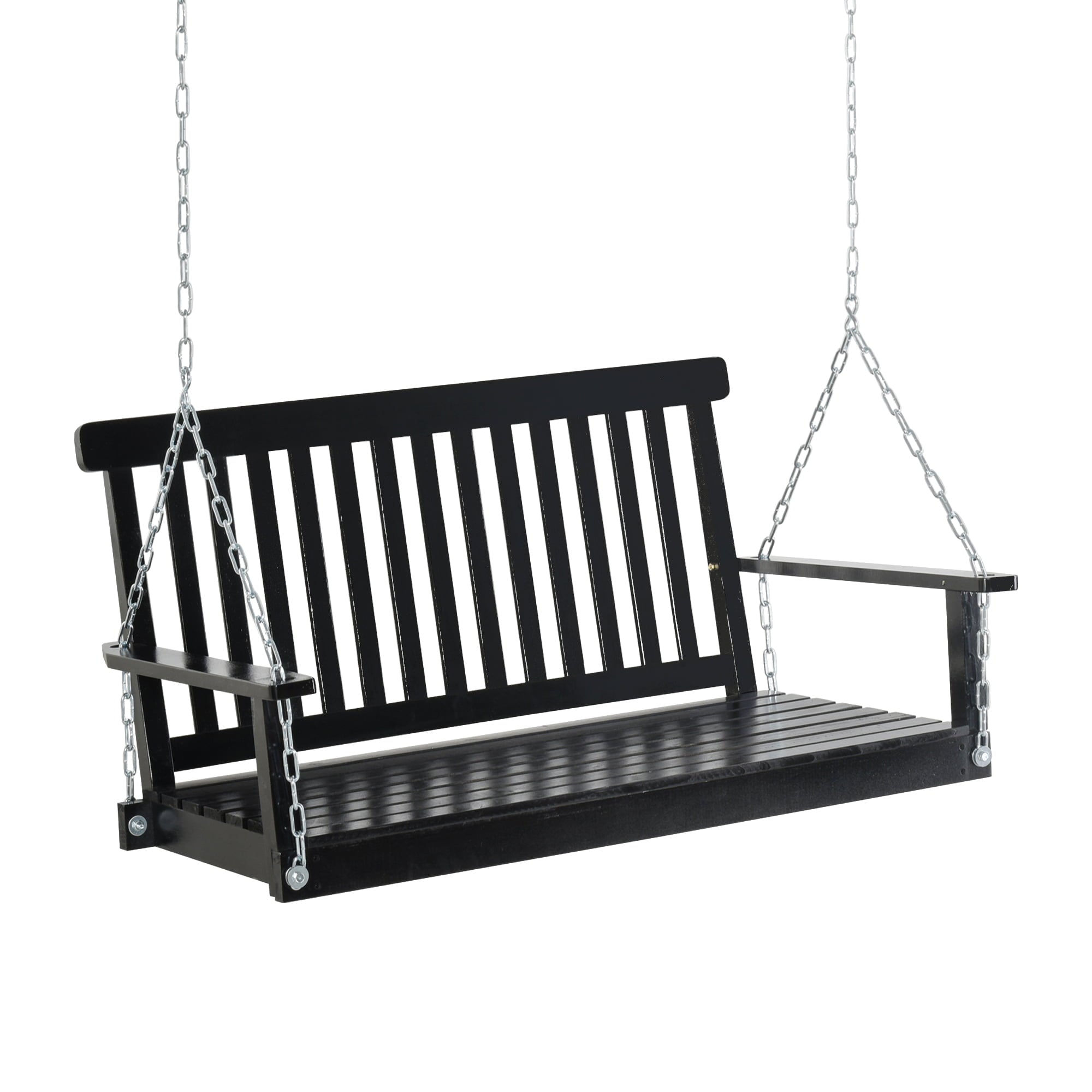 moonbody 2 Seater Outdoor Porch Swing Chair Seat with Slat Design, Hanging Chains Wooden Hammock Bench for Garden Patio Yard, Black