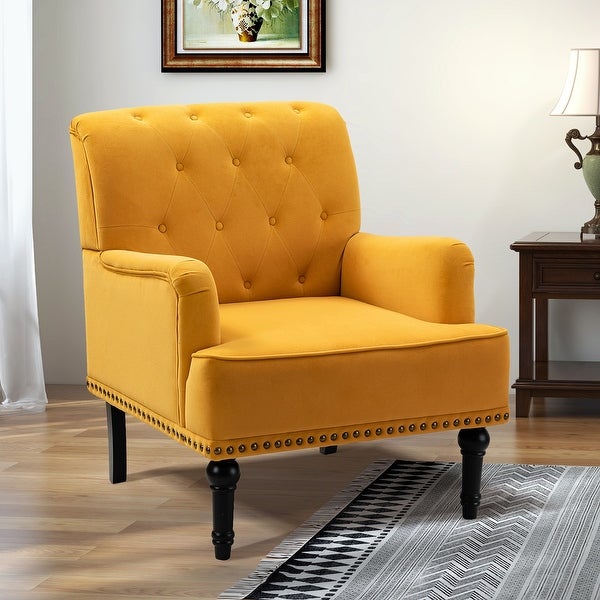 Geltrude Transitional Upholstered Button Tufted Club Chair with turned wooden Legs by HULALA HOME