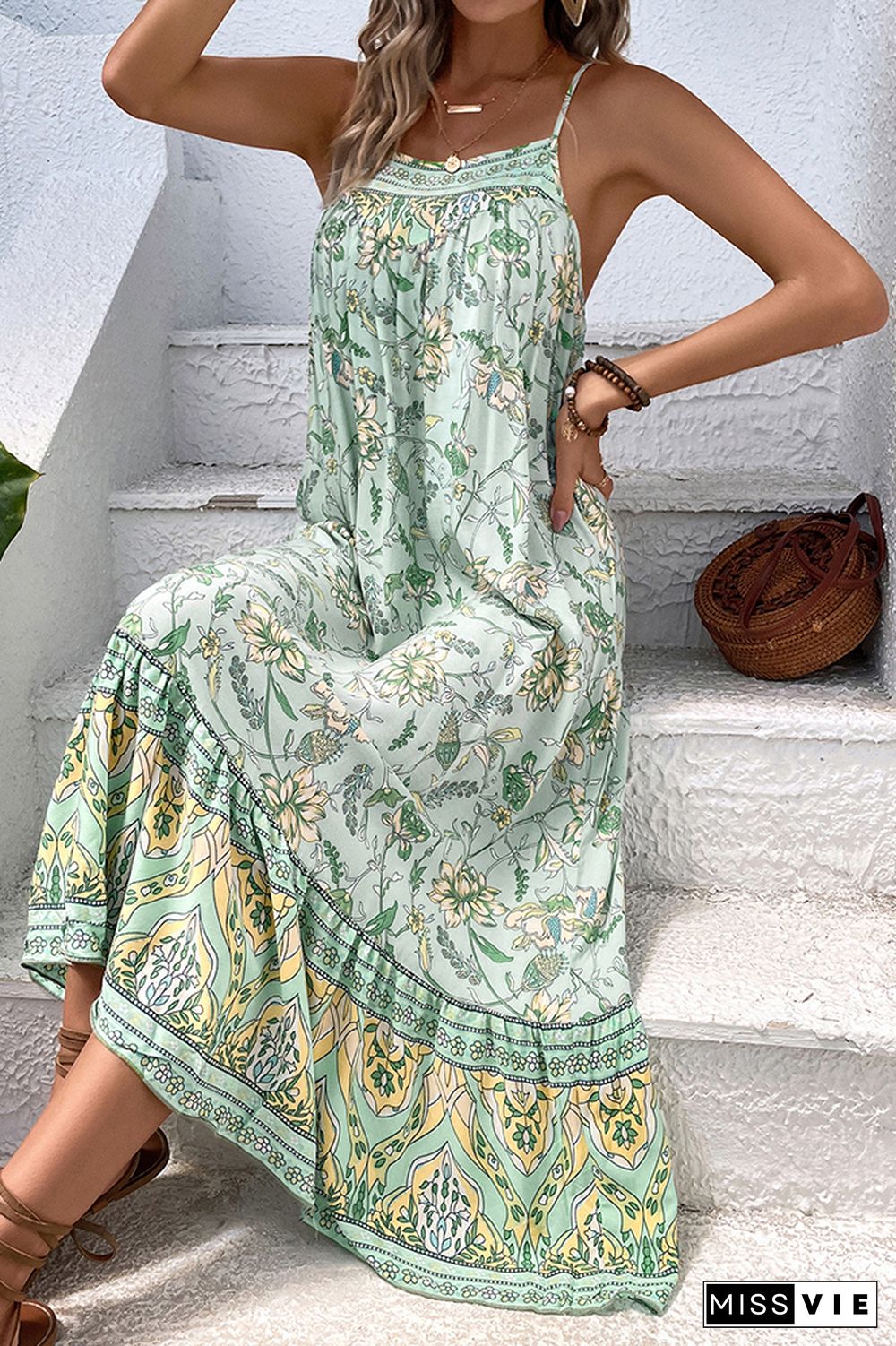 Green Spaghetti Strap Floral Maxi Dress