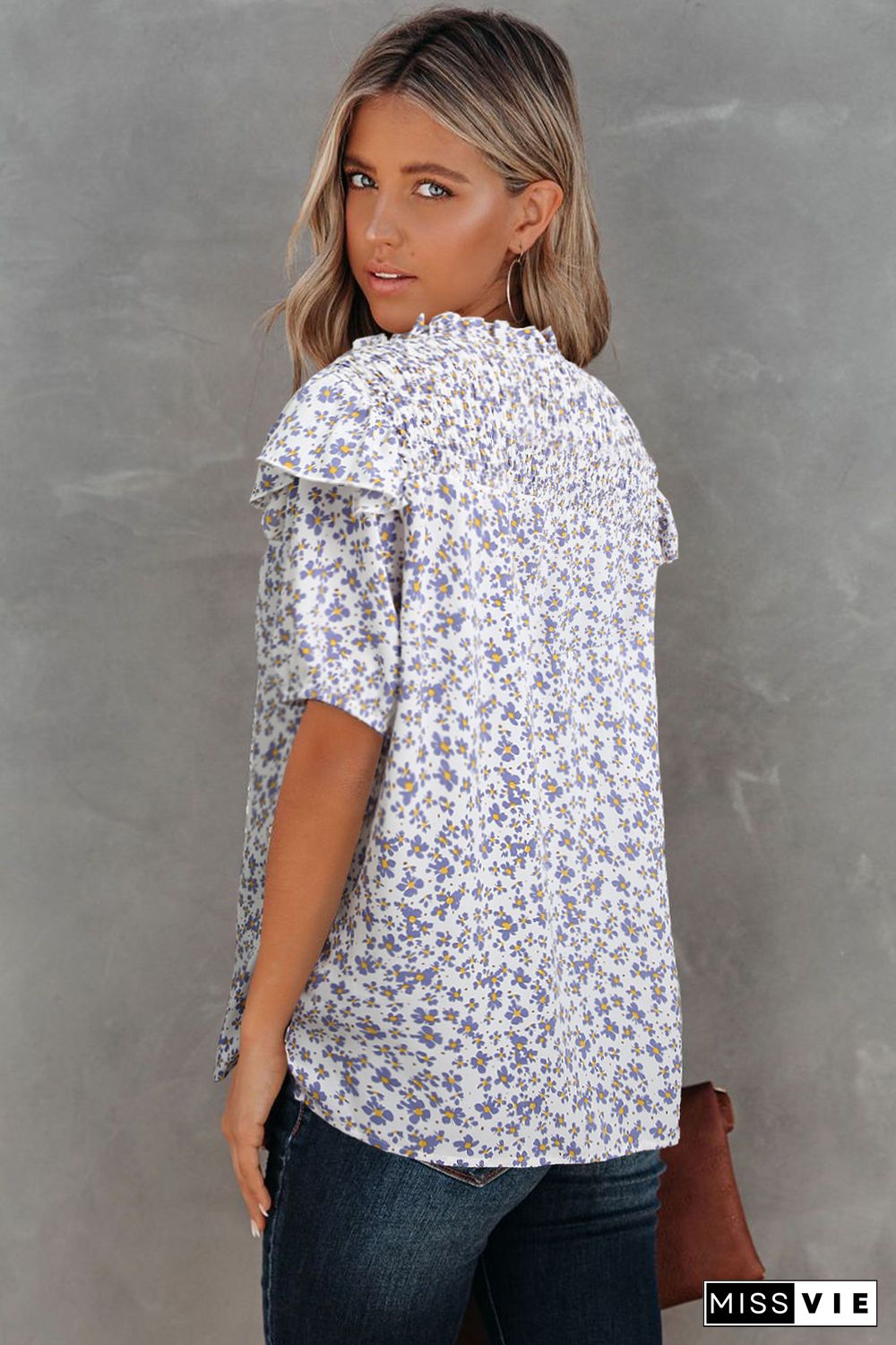 Purple Floral Print Smocked Ruffled V Neck T-shirt