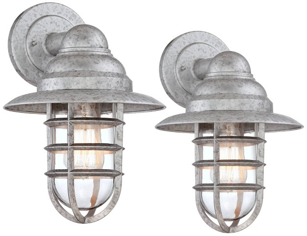 High Farmhouse Rustic Hooded Cage Outdoor Wall Light Fixture Mount Porch House Set Of 2 Galvanized Clear Glass Shade