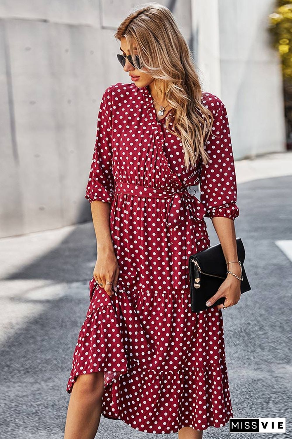 Classic Polka Dot Printed Gathered Waist  Midi Dress