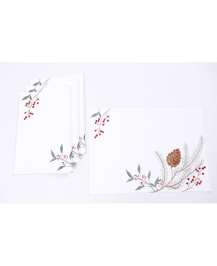 Manor Luxe Pinecone and Berry Embroidered Christmas Placemats Set of 4