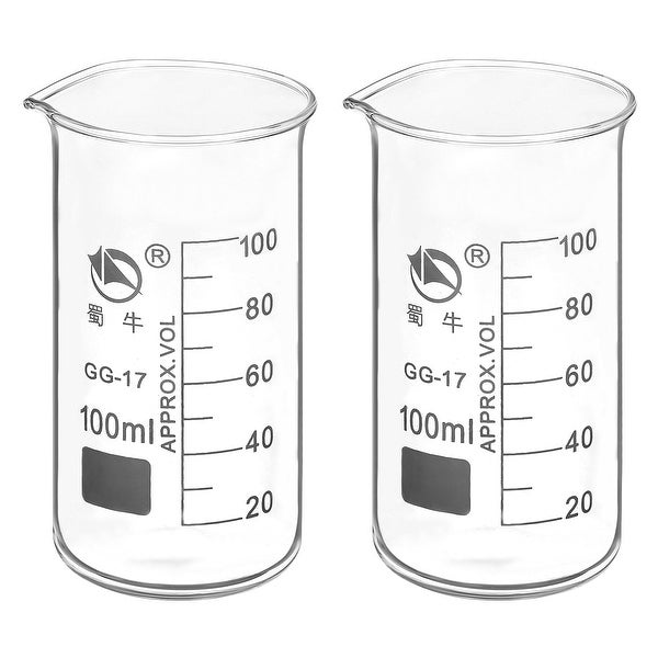 2pcs 100ml Tall Form Glass Beaker 3.3 Borosilicate Lab Measuring Cups - Clear