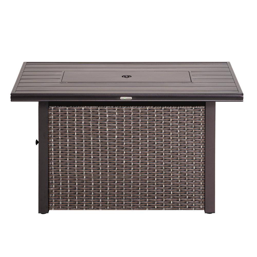 Nuu Garden 44 in. Rectangle Brown Aluminum Propane Gas Wicker Fire Pit Table 50000 BTU with Fire Glass Stone AF0015