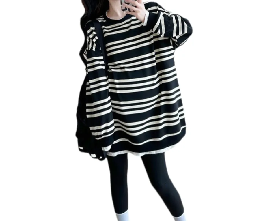 2024 Autumn Maternity Striped Long Sleeve T-Shirt – Loose & Versatile