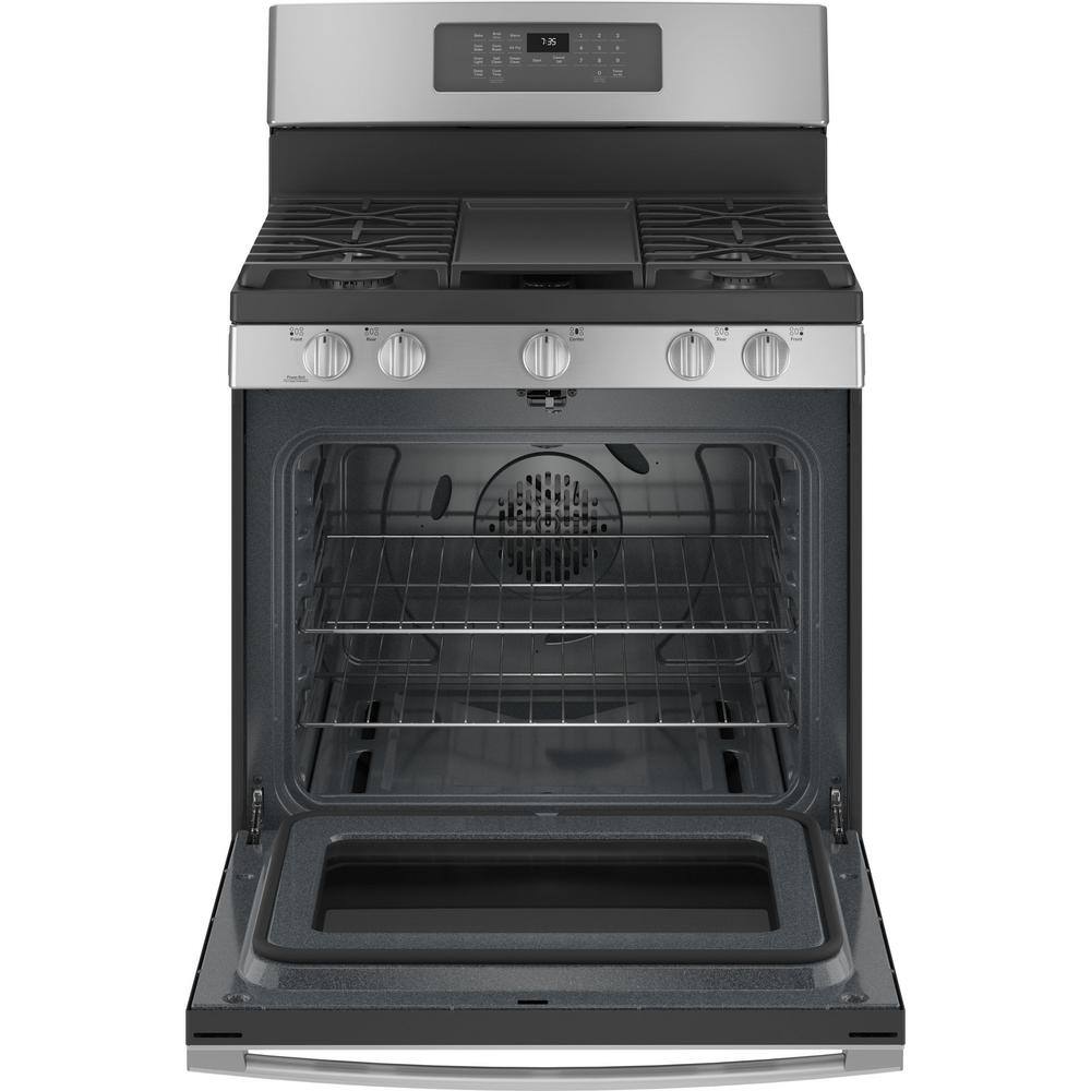 GE 30 in. 5.0 cu. ft. Gas Range with Self-Cleaning Convection Oven and Air Fry in Stainless Steel JGB735SPSS