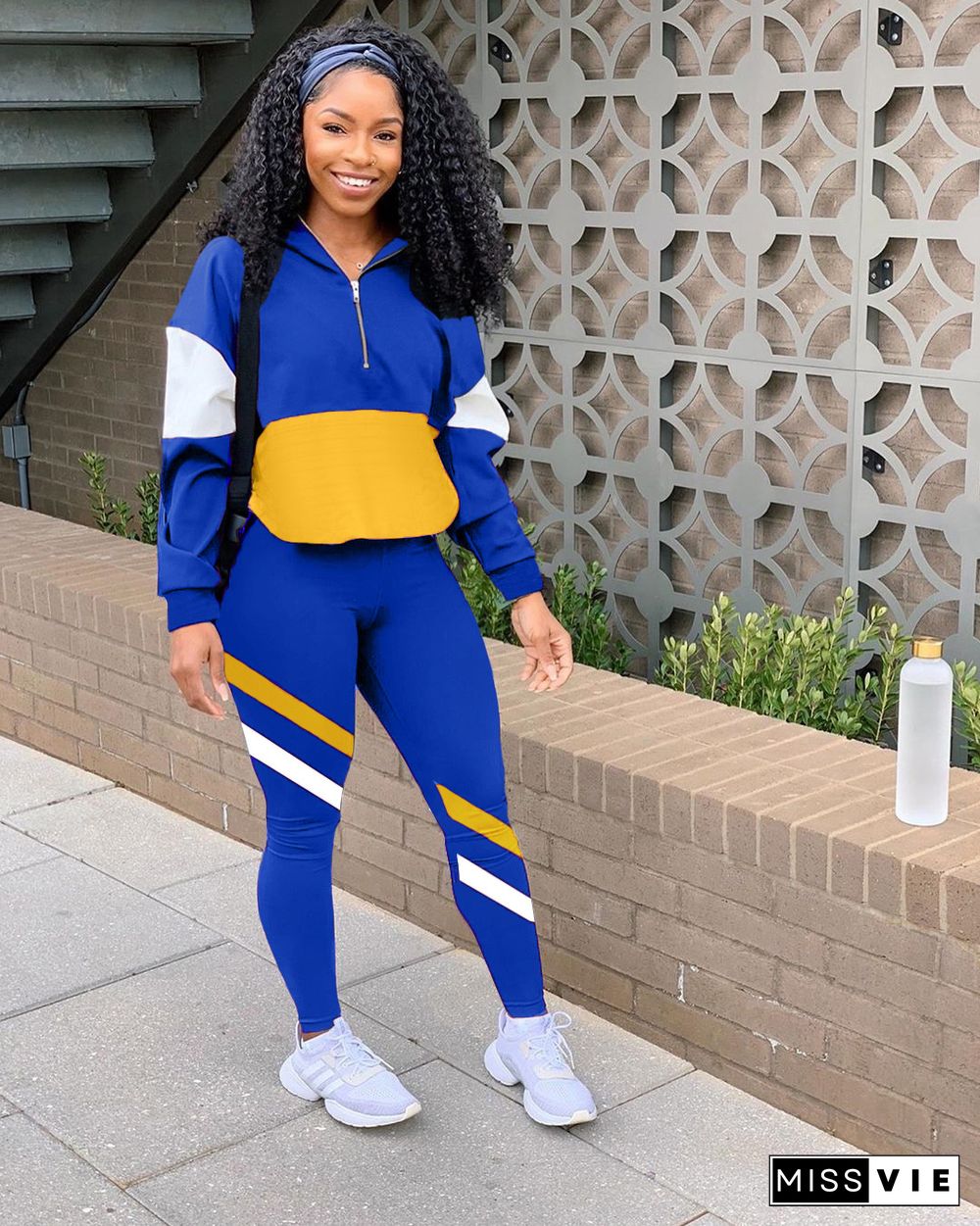 Fashion Color Spliced Hoodie Sport Pants Two-piece Set