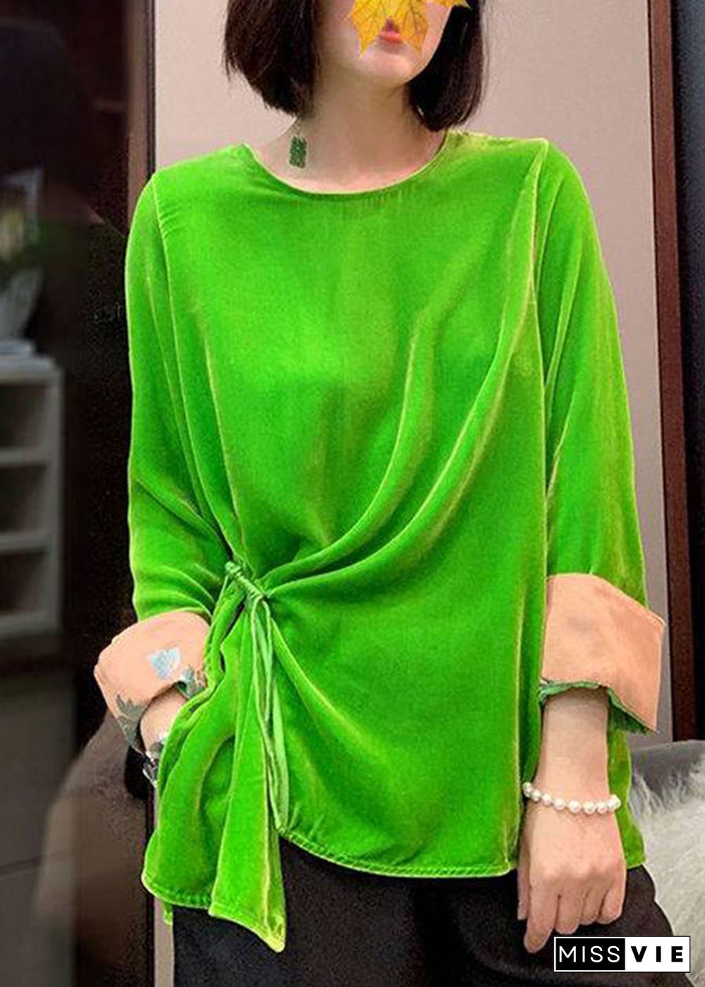 Plus Size Green O-Neck Cinched Velour tops long sleeve