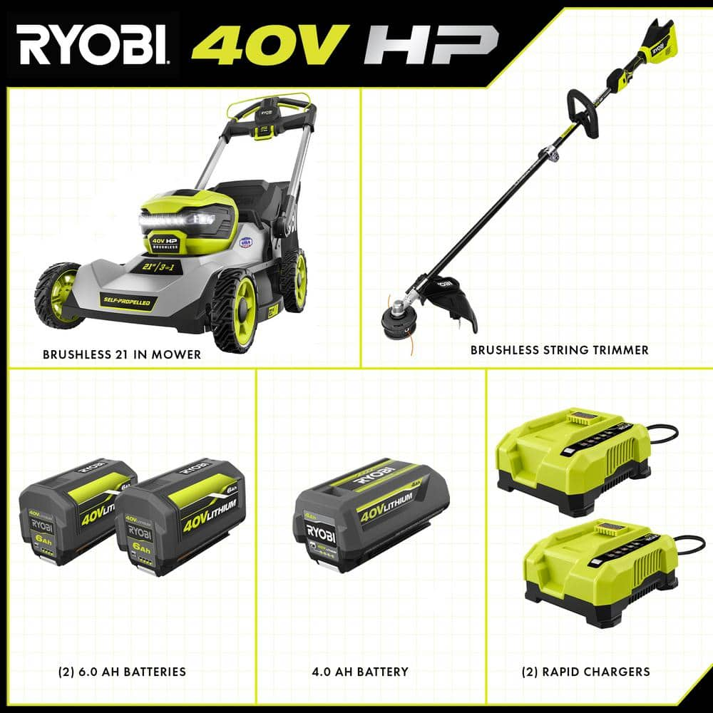 RYOBI 40V HP Brushless 21 in. Cordless Walk Behind Self-Propelled Lawn Mower & Trimmer - (3) Batteries/(2) Rapid Chargers RY401140-4X