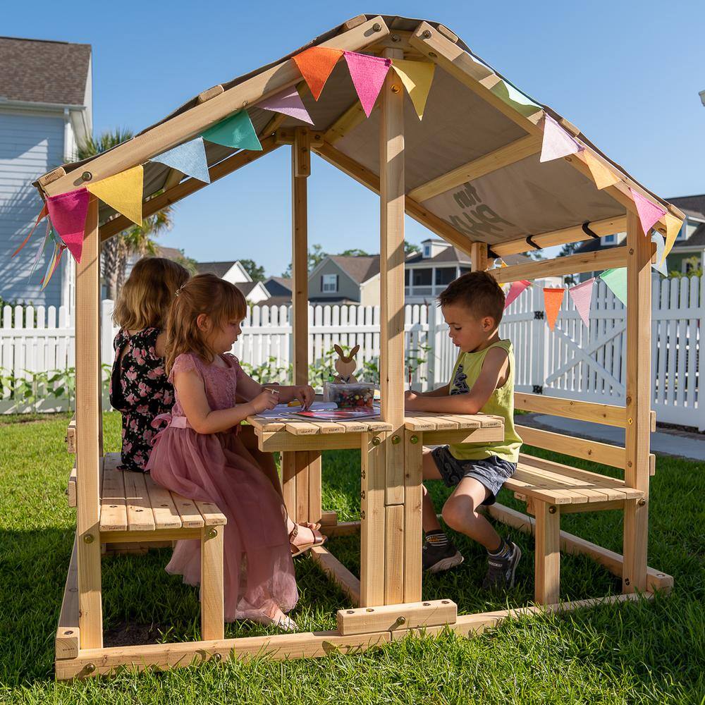 Funphix Kids Klubhouse Outdoor Indoor Wooden Playhouse DIY Backyard Playhouse with Table and Benches WPHX-2203