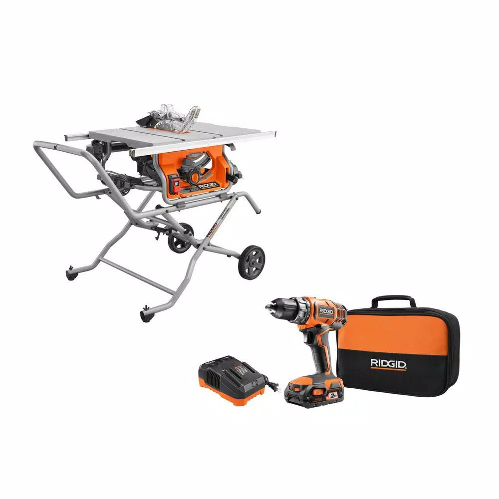 RIDGID 10 in. Pro Jobsite Table Saw with Stand and 18-Volt Cordless Drill/Driver Kit with (1) 2.0 Ah Battery， Charger， Tool Bag and#8211; XDC Depot