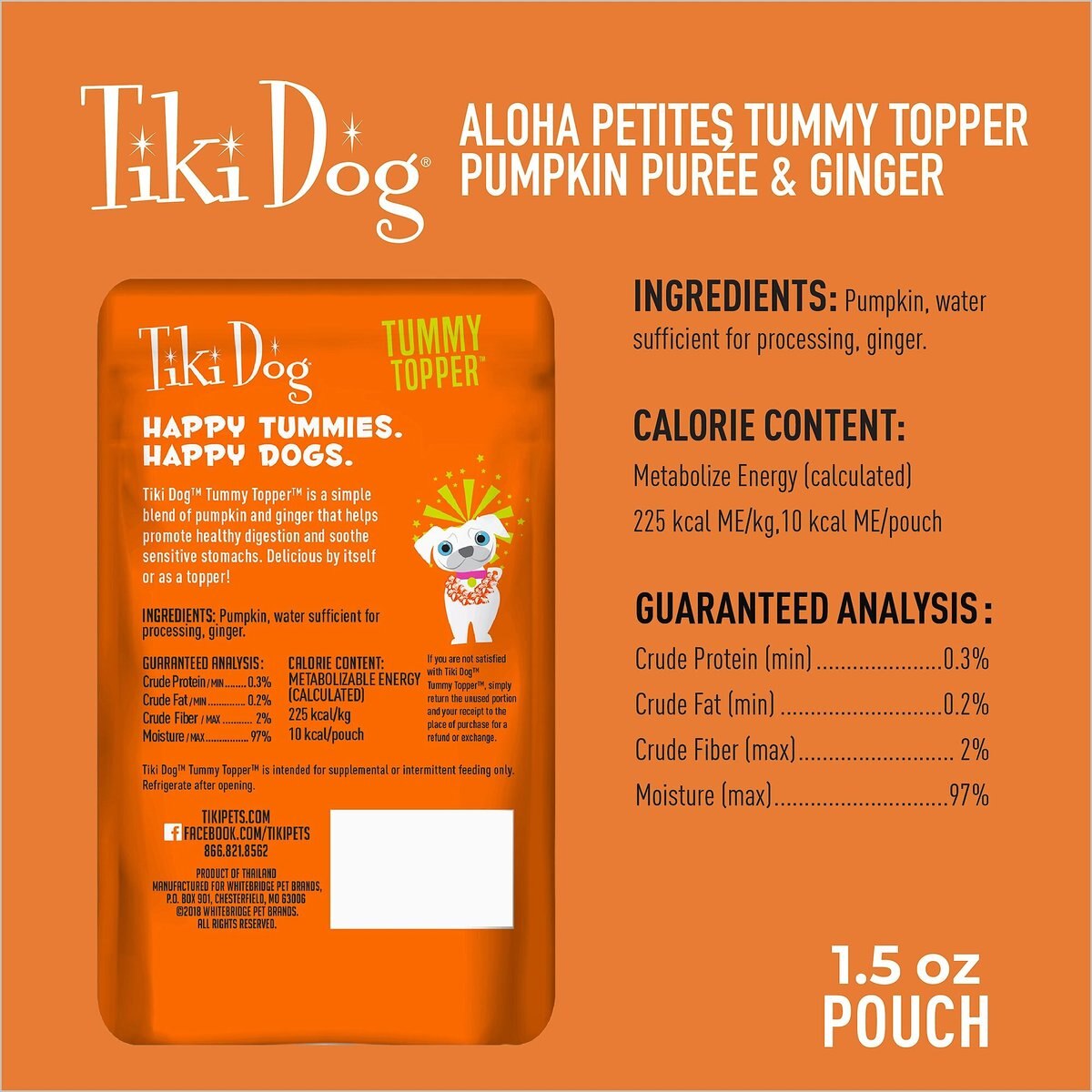 Tiki Dog Tummy Topper Pumpkin and Ginger Puree Grain-Free Wet Dog Food Topper， 1.5-oz， case of 12