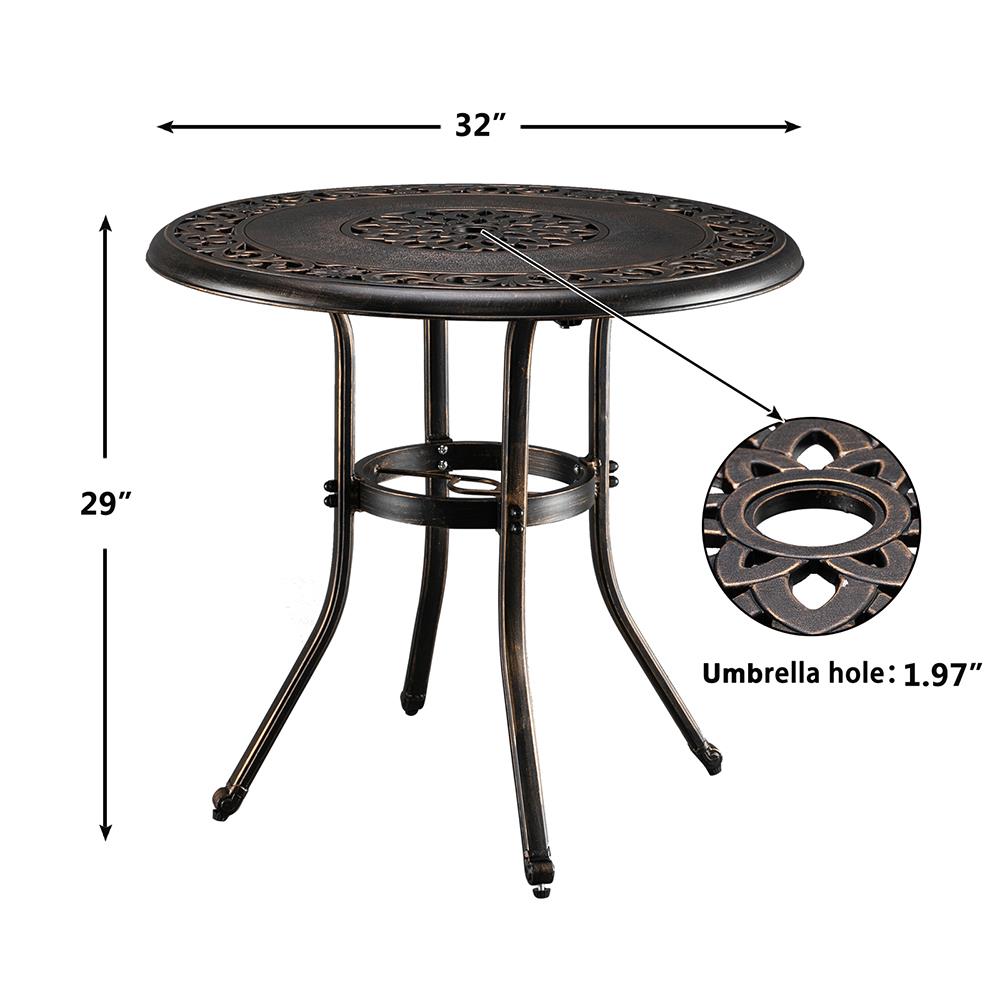 UBesGoo 32" Outdoor Aluminum Bistro Round Table with Umbrella Hole, Bronze