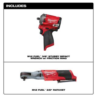 MW M12 FUEL 12V Lithium-Ion Brushless Cordless Stubby 38 in. Impact Wrench and Ratchet Kit (Tool-Only Kit) 2554-20-2557-20