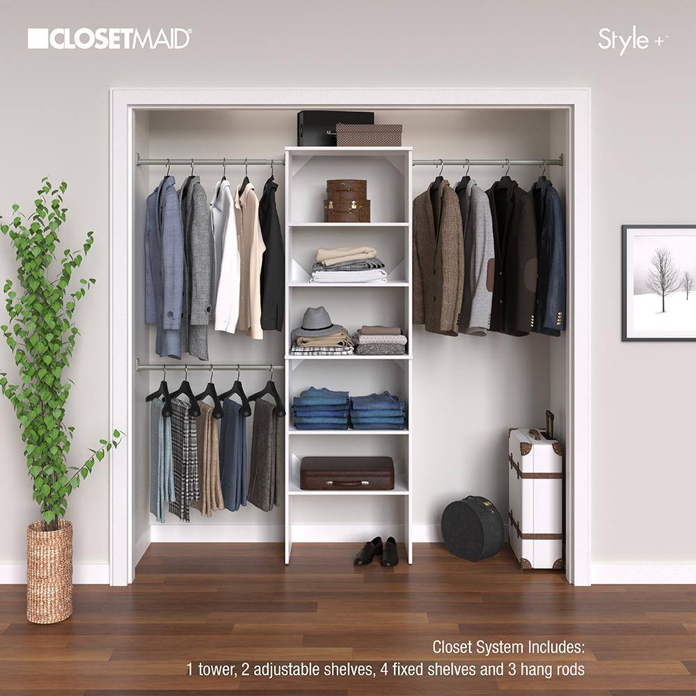 ClosetMaid Style+ 84 in. W - 120 in. W White Tower Wall Mount 6-Shelf Wood Closet System 4365