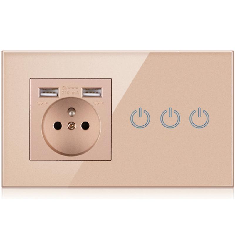 Touch Switch With Eu Power Outlet Socket， Usb Charger 5v/2.1a， Gold Glass Panel French Wall Electrical Socket 100v~250v