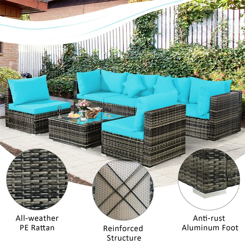 7 Pcs Rattan Patio Sectional Couch Set Outdoor Wicker Furniture Set with Cushions & Coffee Table