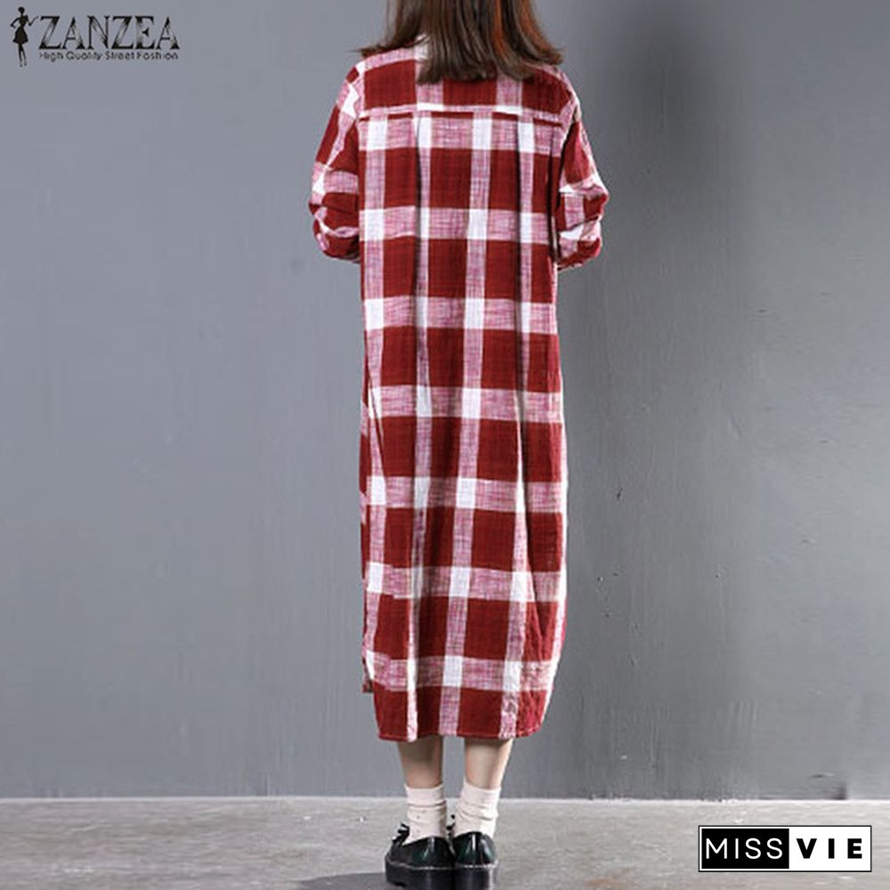 Zanzea Women Full Sleeve Lapel Collar Plaid Printed Straight Check Dress Casual Loose Dresses