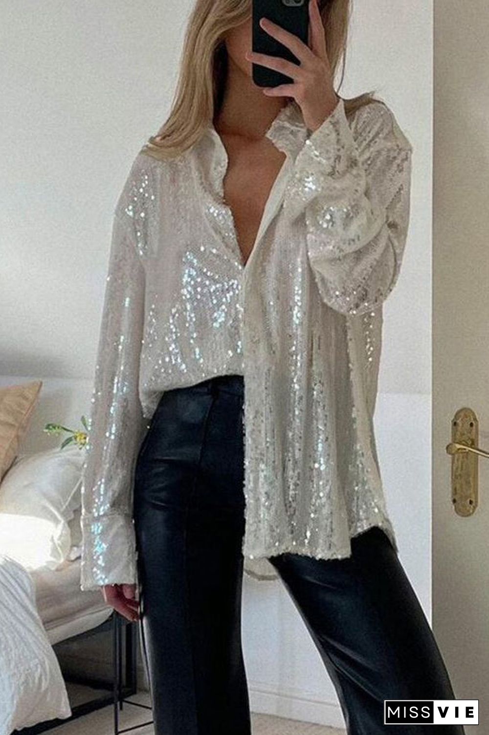 Sequin Oversized Button Shirt