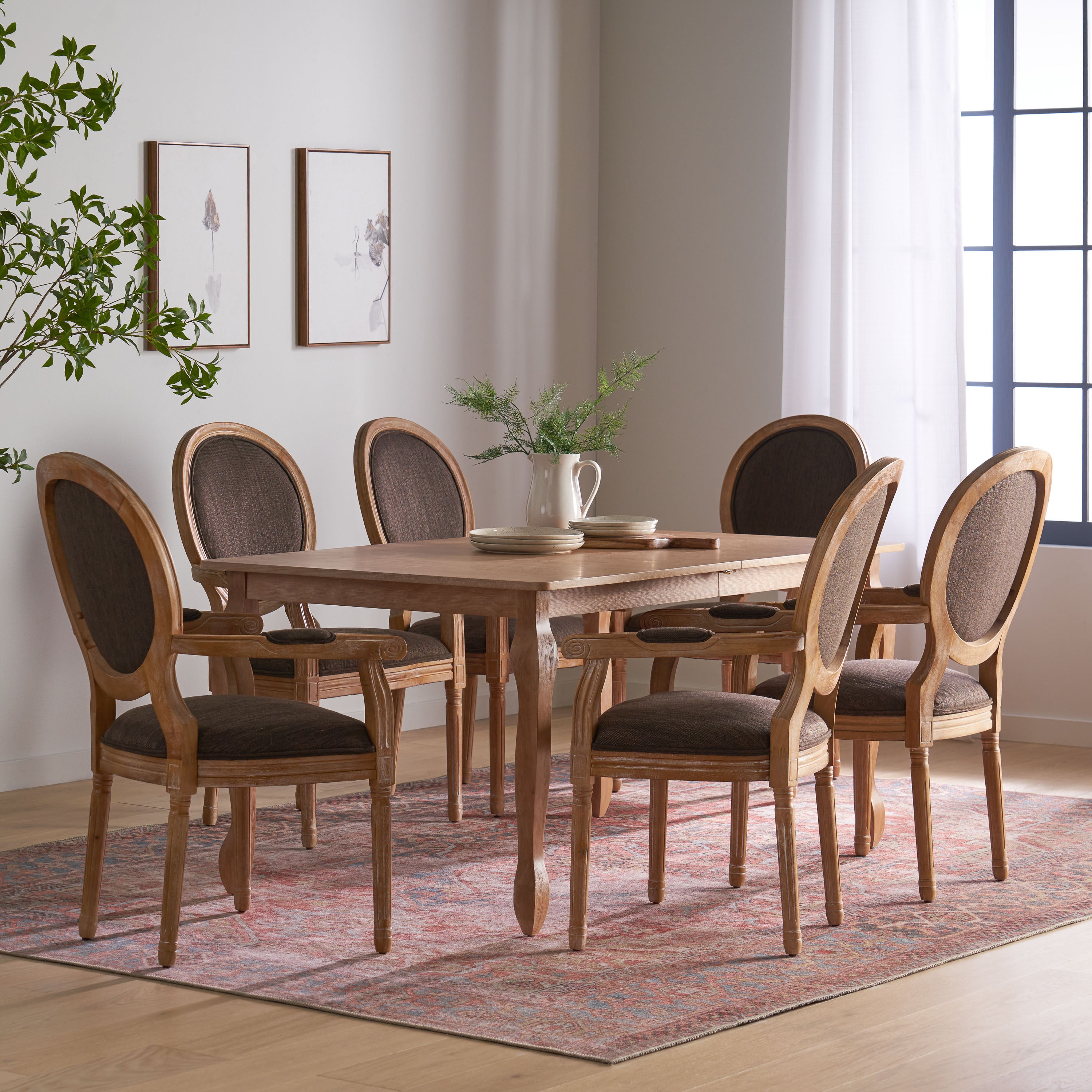 Comisky French Country Fabric Upholstered Wood Expandable 7 Piece Dining Set