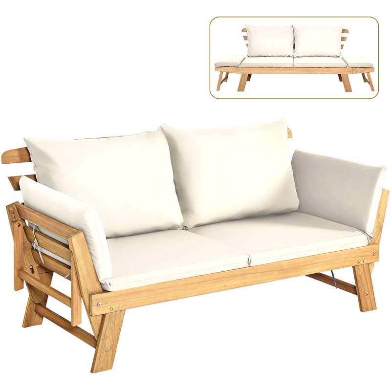 Acacia Wood Patio Daybed Convertible Couch Sofa Bed, Outdoor Folding Chaise Lounge Bench with Adjustable Armrest