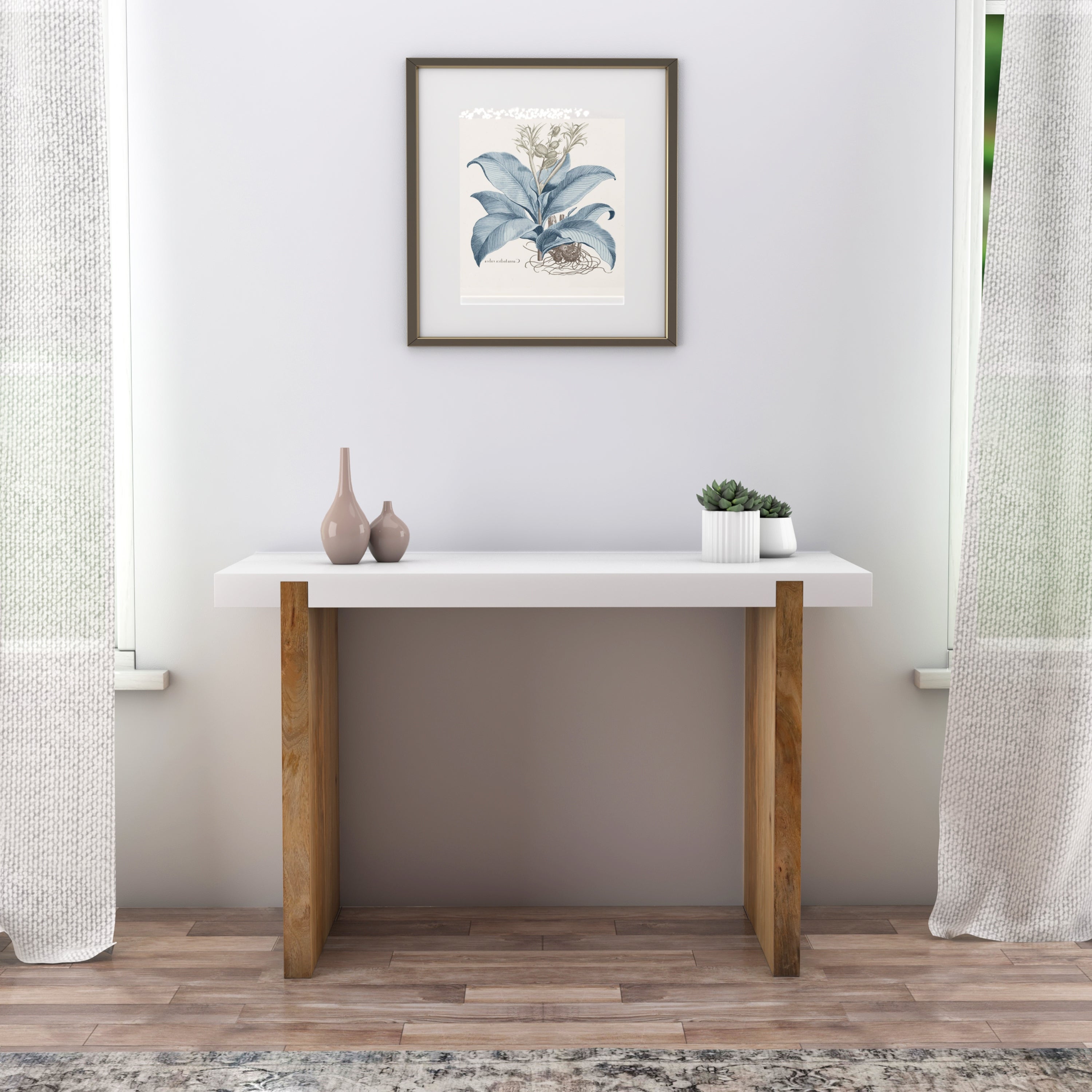 Kerry 48 Inch Rectangular Mango Wood Console Table， Sled Base， Glossy White， Natural Brown