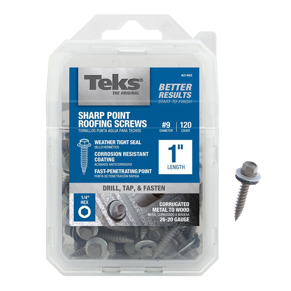 Teks #9 x 1 in. Steel External Hex Head Washer Sharp Point Roofing Screws (120-Pack) 21400