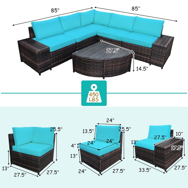 Costway 6pcs Rattan Furniture Set Conversation Cushioned Sofa Armrest Garden Turquoise white