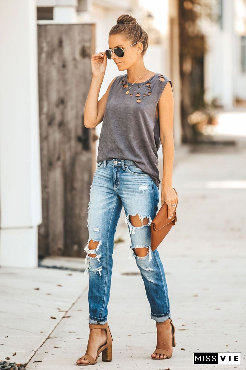 Gray Broken Hole Detail Sleeveless Crew Neck Tank Top