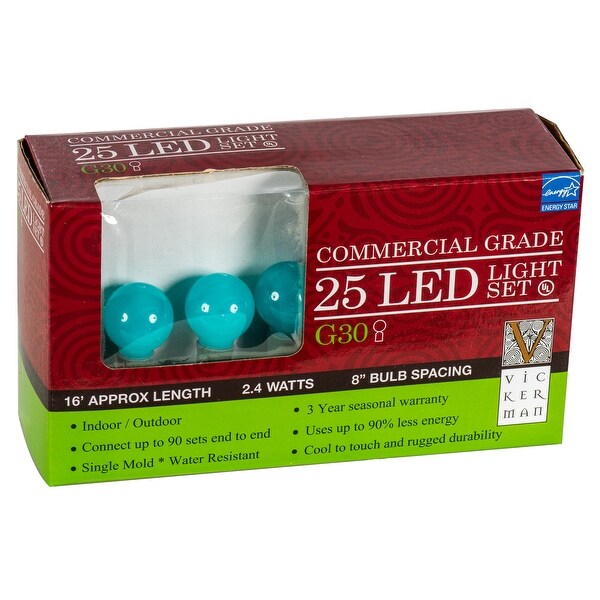 Vickerman 25 Teal G30 LED Light on Green Wire，16' Christmas Light Strand