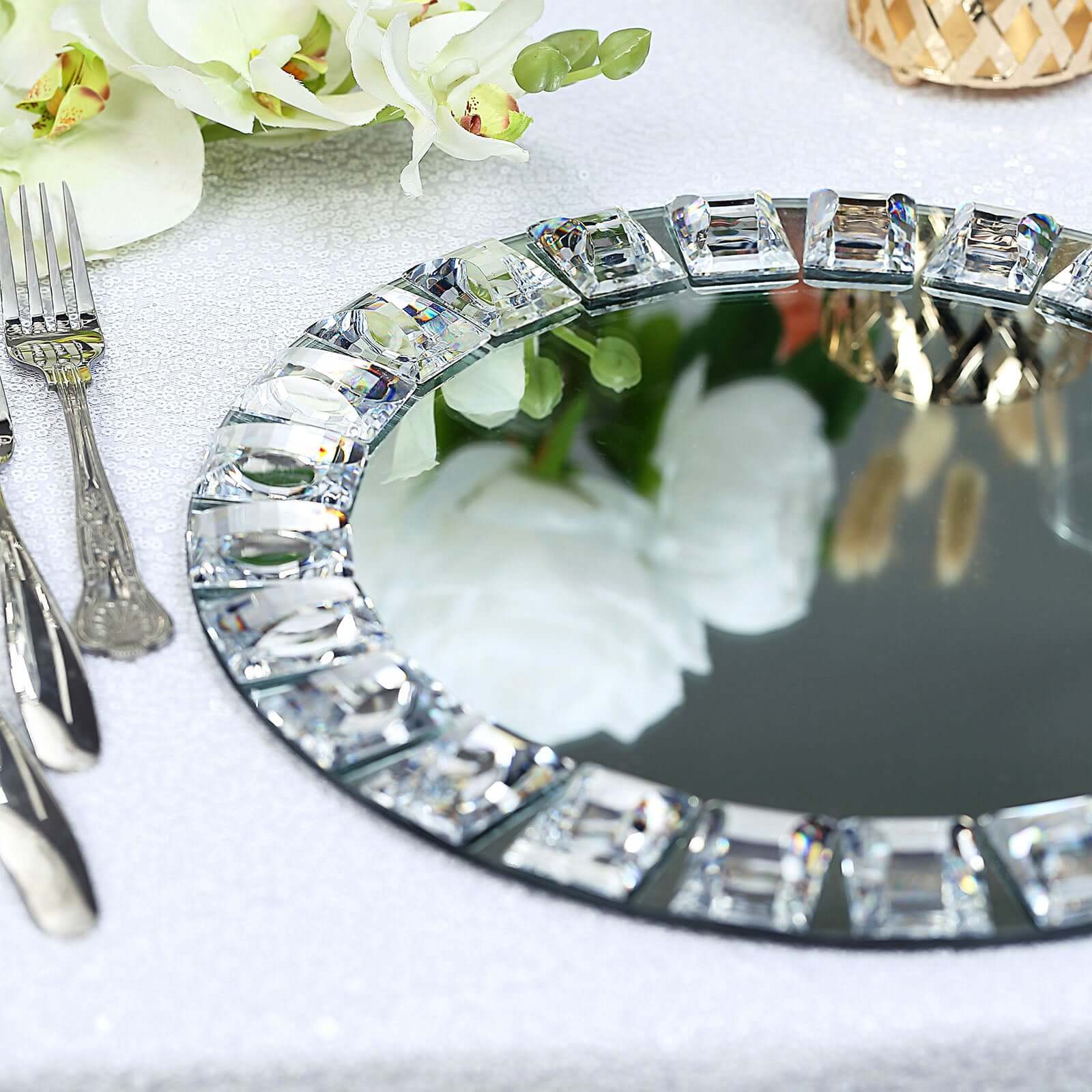 2 Pack Silver Jeweled Rim Premium Glass Mirror Charger Plates 13