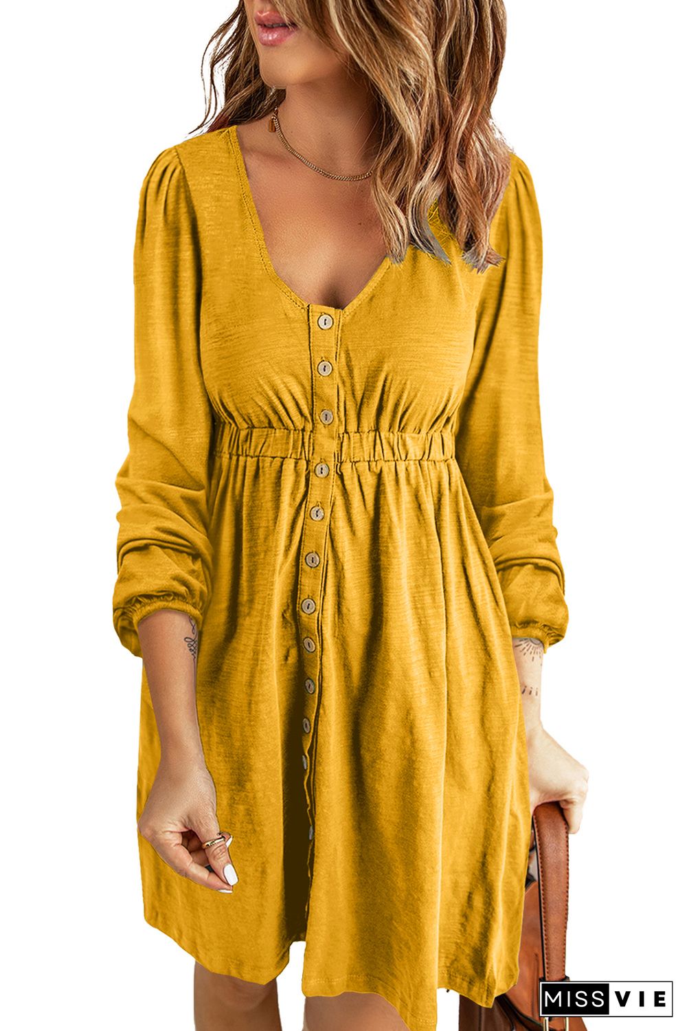 Yellow Button Up High Waist Long Sleeve Dress