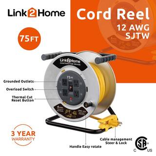 Link2Home 75 ft. 123 Extension Cord Storage Reel with 4 Grounded Outlets and Overload Circuit Breaker EM-CG-750-N