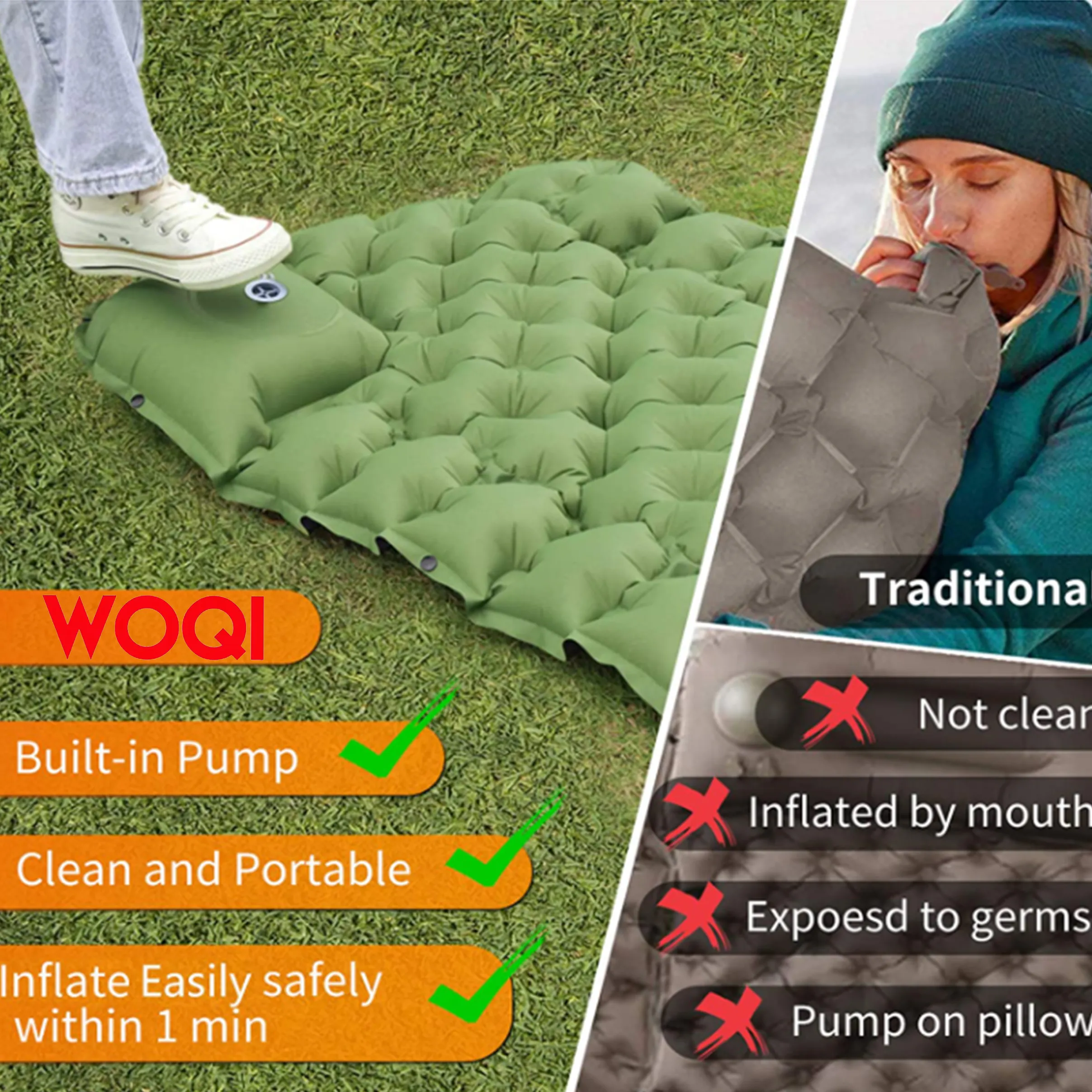 WOQI outdoor camping gear 40D Nylon with TUP coating 200*70cm Air pad Inflatable Mattress Compact easy carry inflatable pad