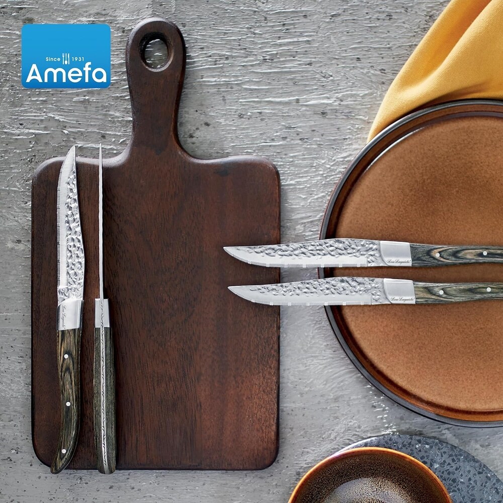Amefa Lou Laguiole Vulcano Steak Knives Set of 6 Pakka Wood Handle   Silver and Pakka Wood