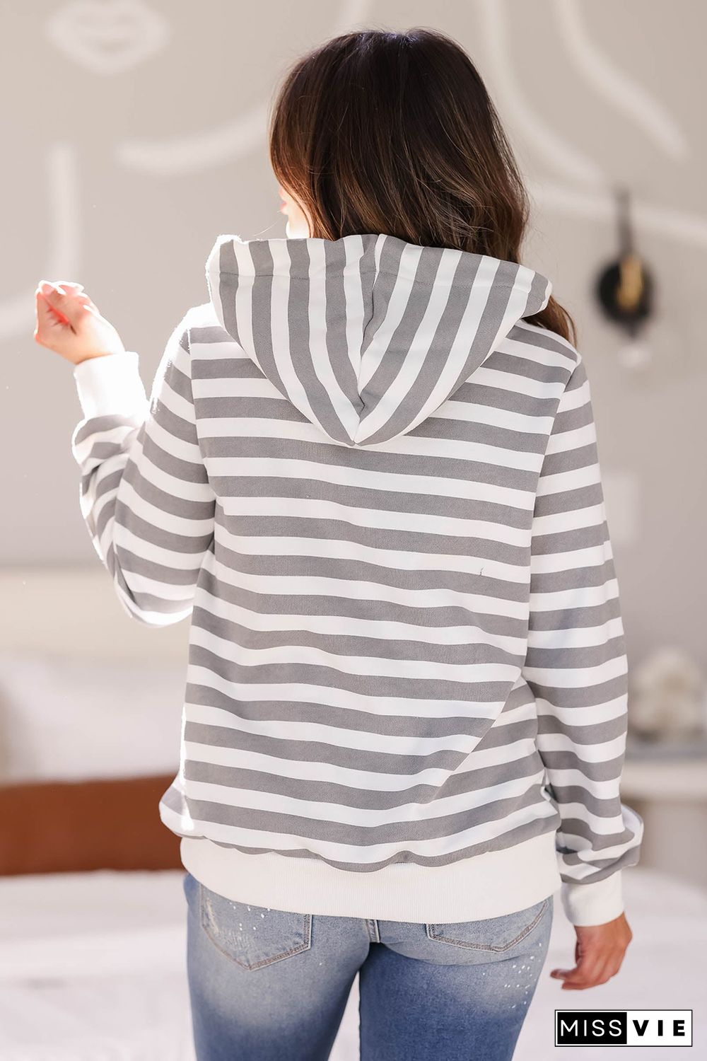 Contrast Cuffs Long Sleeve Striped Hoodie