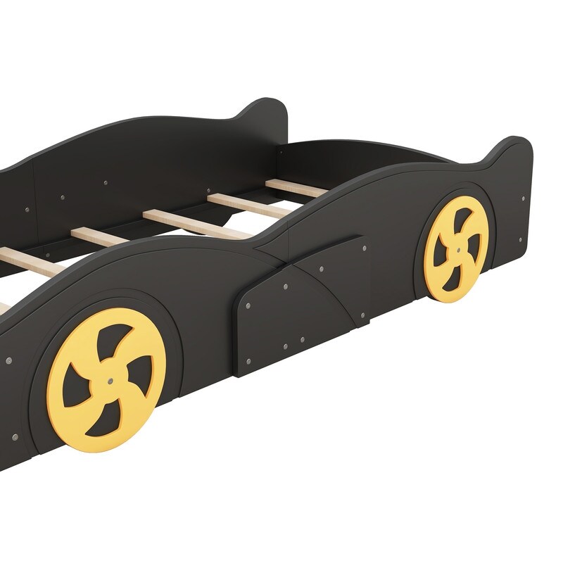 Twin Size Race Car Shaped Platform Bed with Wheels Magic Funny and Storage For Kids