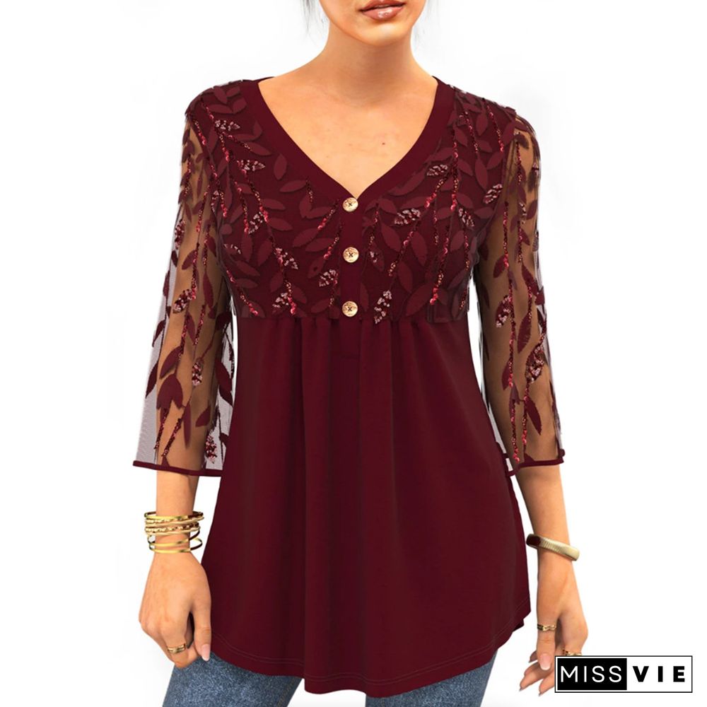 Autumn Lace Beads Hot Sale Three-quarter Sleeve Plus Size T-shirt