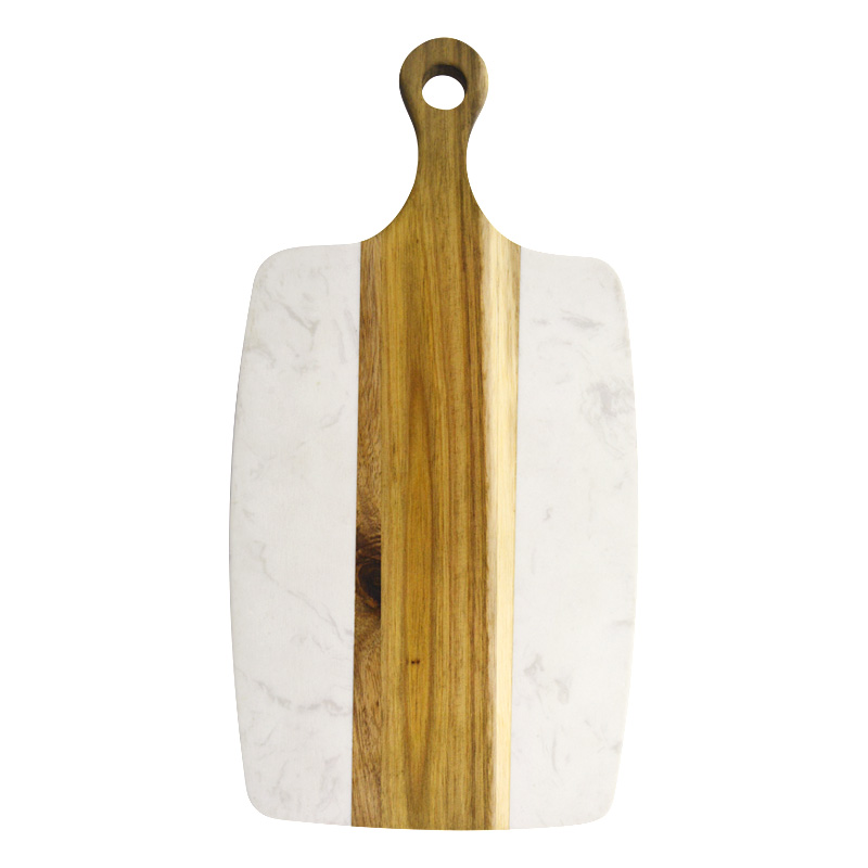 J QUATTUOR Acacia Wood and Marble Cheese Board with Handle， Serving Tray， Charcuterie Platter for Cheese， Fruit， Meat， Sushi