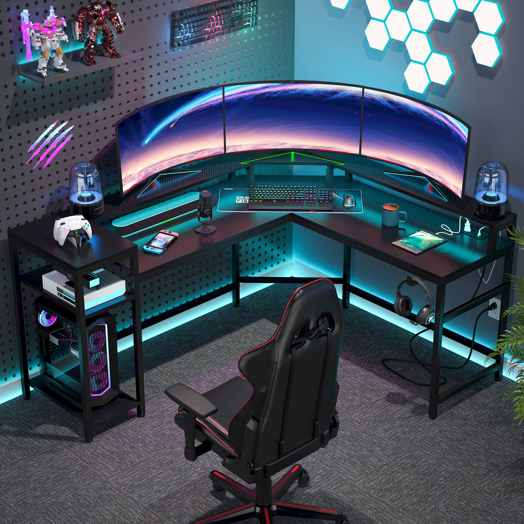 L-Shaped Gaming Desk Computer Desk with Power Outlets & LED Strips