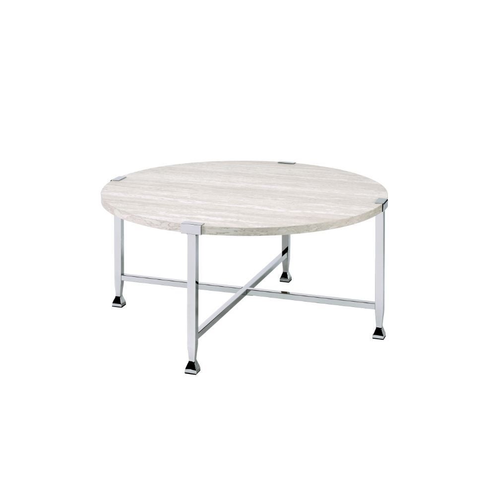 Coffee Table， White Oak andChrome Round Coffee Table : NO Storage Wooden Top， Metal Frame Leg with X-Shape Support Wooden Top