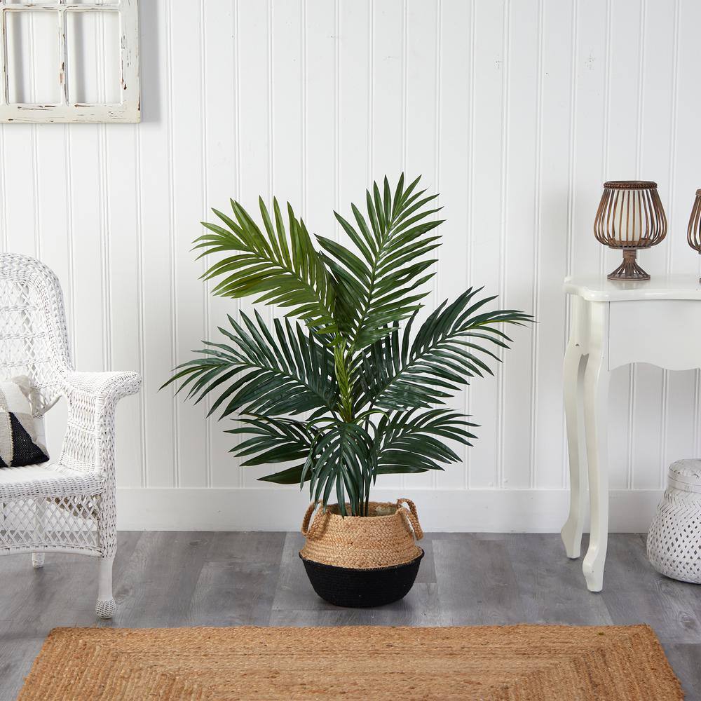 Nearly Natural 4 ft. Green Kentia Palm Artificial Tree in Boho Chic Handmade Cotton and Jute Black Woven Planter T2936