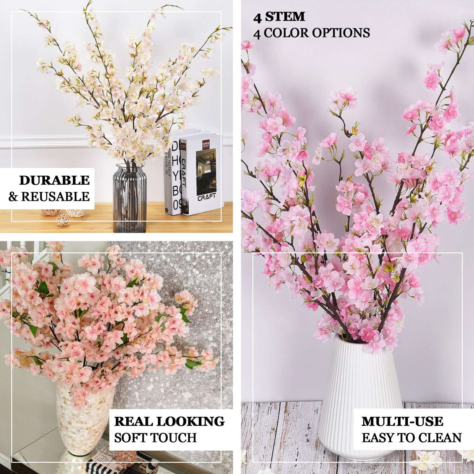 4 Bushes White Artificial Silk Cherry Blossom Flowers, Branches 40