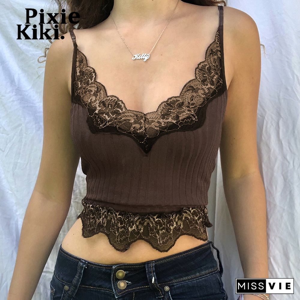 Pixiekiki Lace Patchwork Brown Crop Top Y2K Clothes Fairy Grunge Style Cropped Tees Cami Ribbed Knitted Tank Tops P67-Bb10