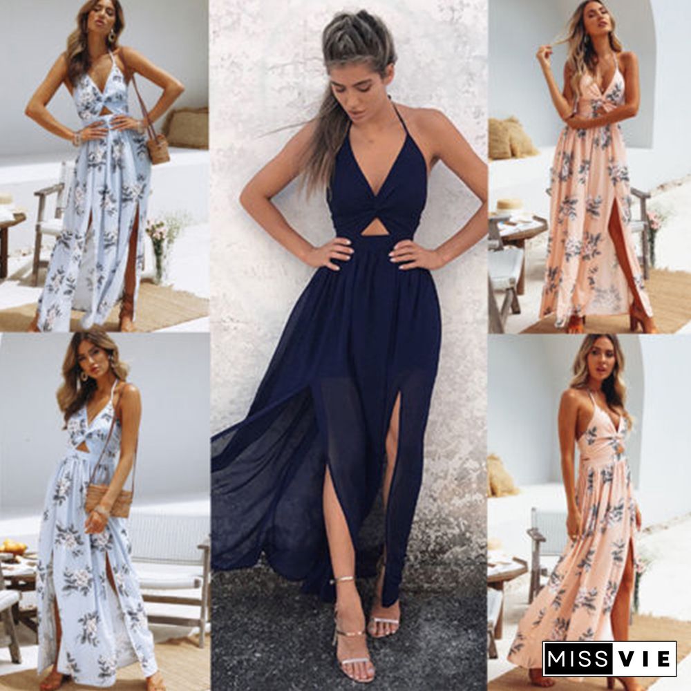 Womens Summer Boho Maxi Long Dress Evening Party Beach Dresses Sundress Floral Halter Dress Summer