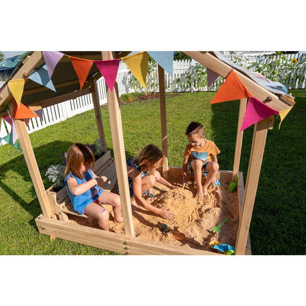 Funphix Dig n' Play Outdoor Wooden Sandbox Playhouse with Bench and Flower Planter Sand Pit for Kids WPHX-2204