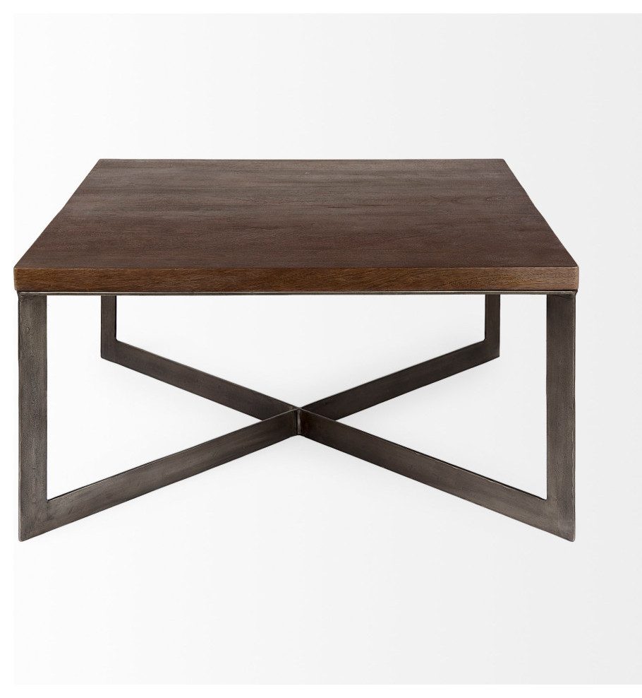 Faye Medium Brown Wood With Antique Nickel Metal Base Square Coffee Table   Industrial   Coffee Tables   by Mercana  Houzz