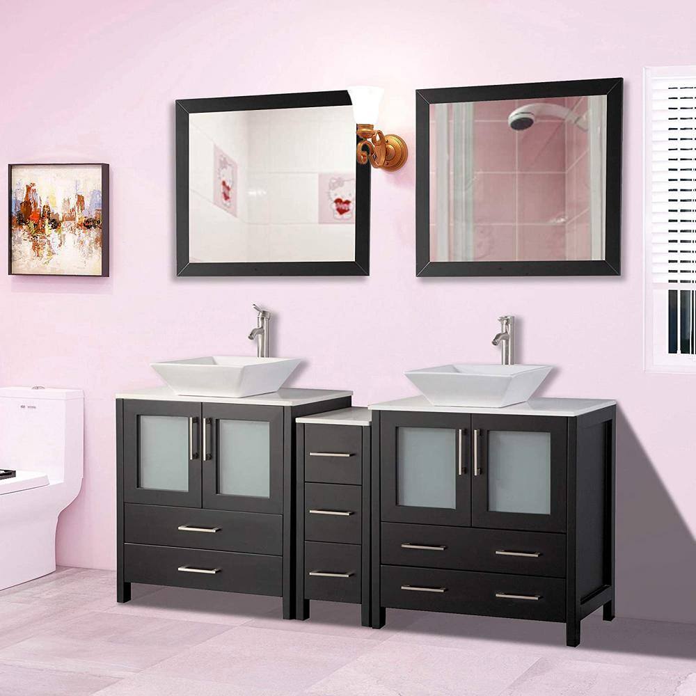 Vanity Art Ravenna 72 in. W Bathroom Vanity in Espresso with Double Basin in White Engineered Marble Top and Mirrors VA3130-72E