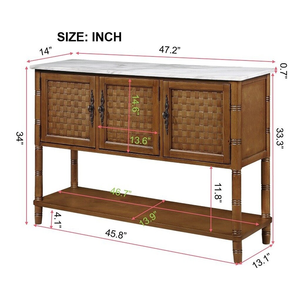 Farmhouse Entryway Console Table  Faux Stone Top  3 Cabinets